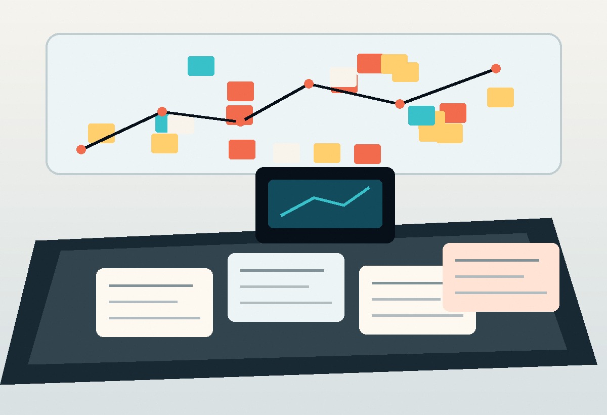 Business strategy workshop table with notes and charts